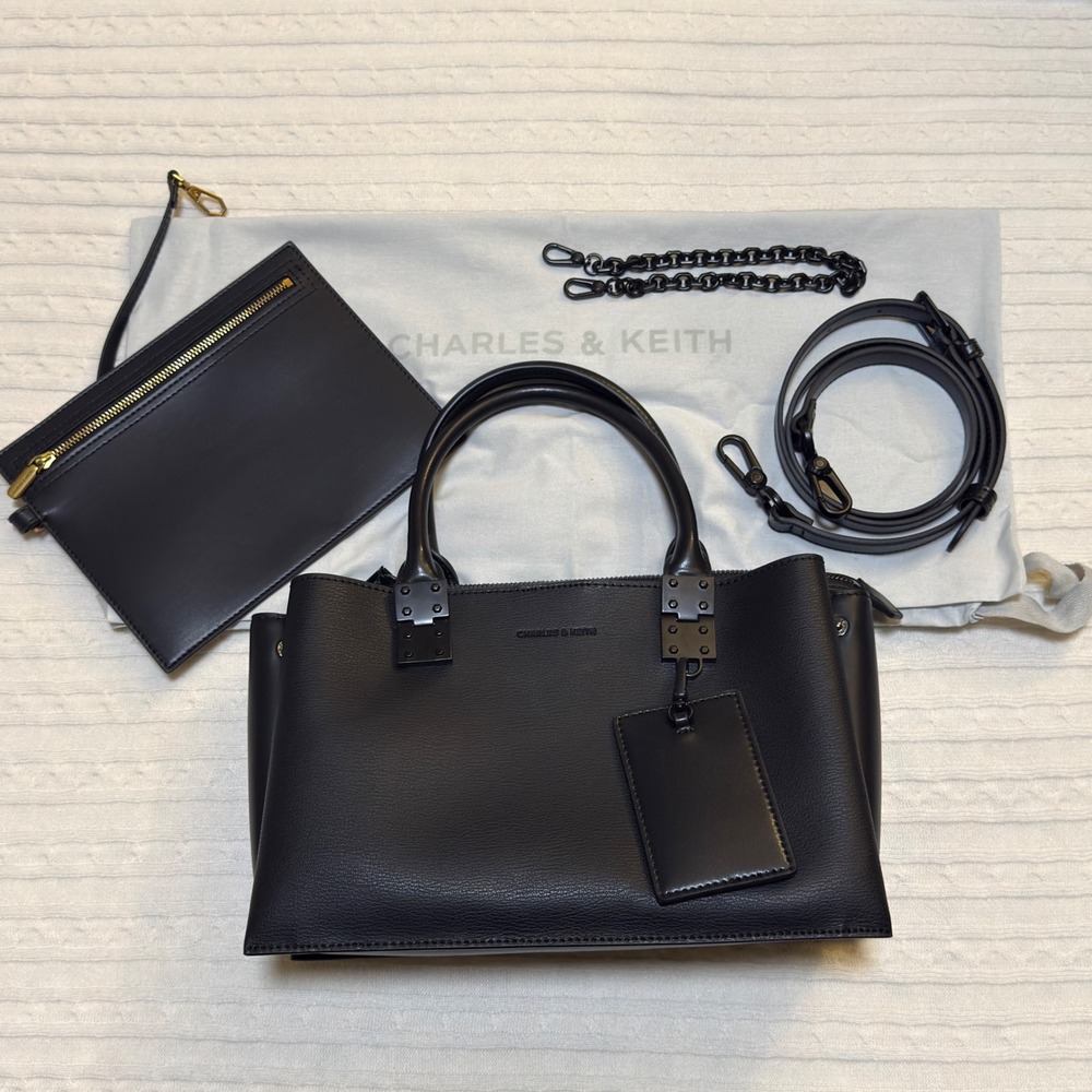 Charles & Keith Double Top Handle Structured Bag in Matte Black